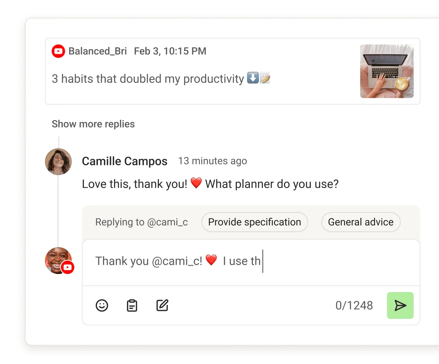 Toddy Community view with recent comments, suggested replies and comment scoring metrics.