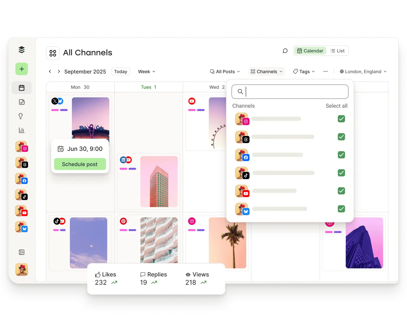 Toddy calendar view with scheduled posts and filters for channels, labels and more.