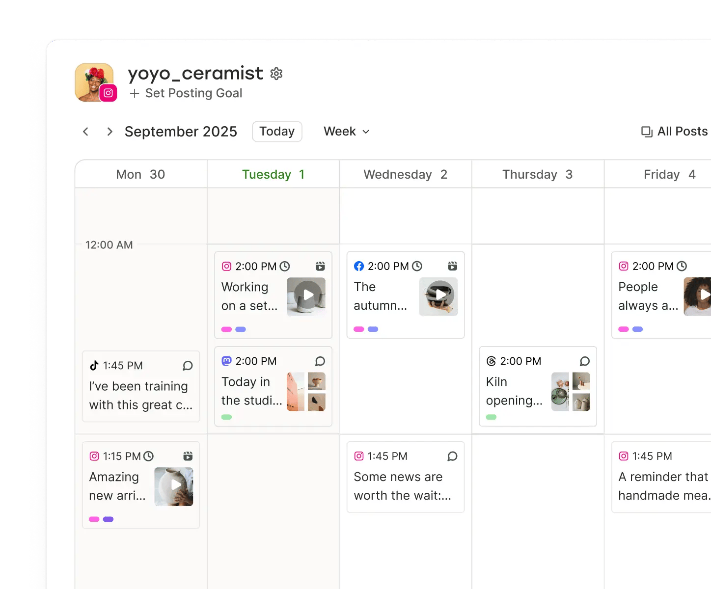 Toddy calendar view with scheduled posts by date across different channels and labels.