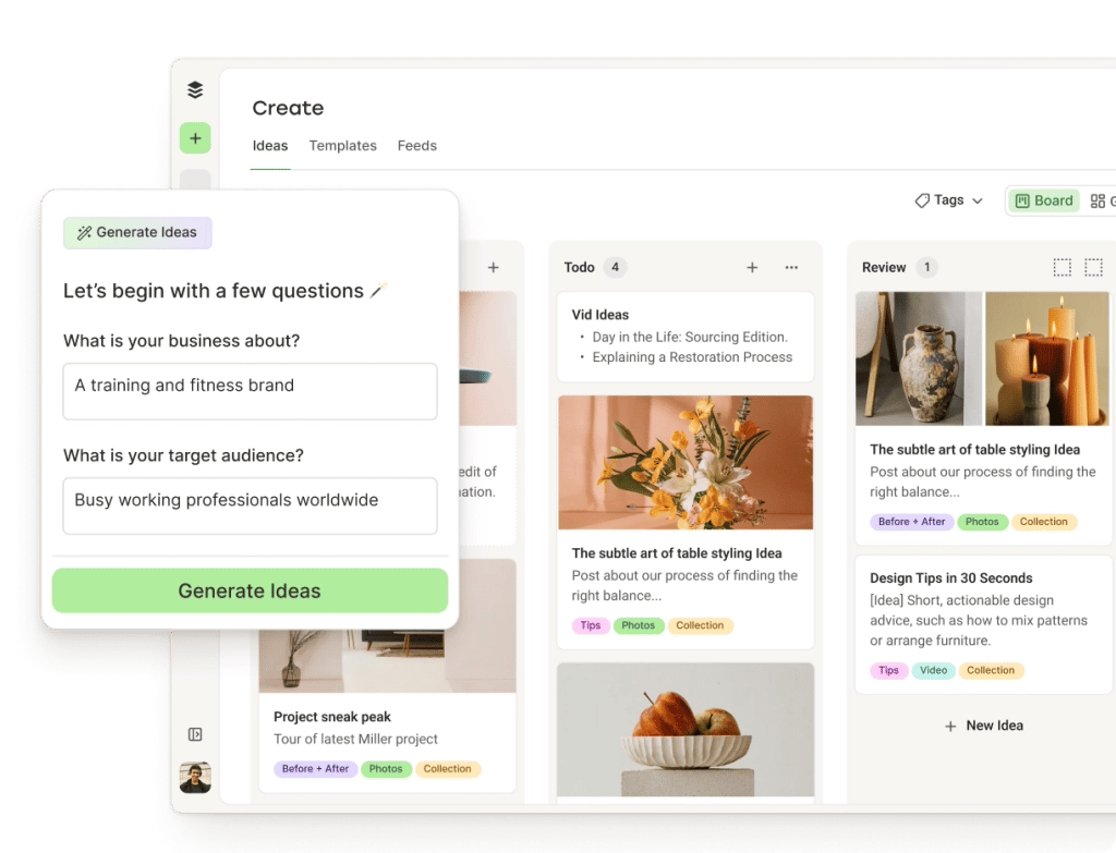 Toddy Create space with columns and sorting for content ideas, including an AI Assistant for generating posts and refining content.
