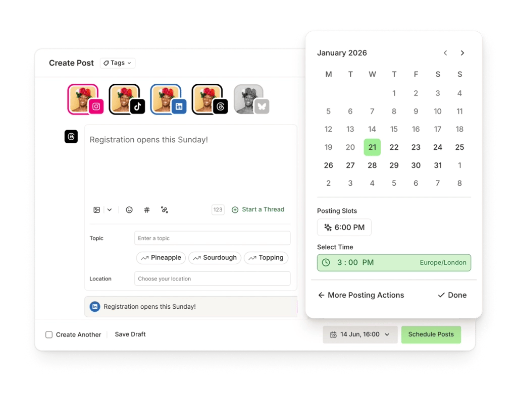 Toddy Publish space with a queue for multiple social media accounts, a calendar view, and scheduling options.