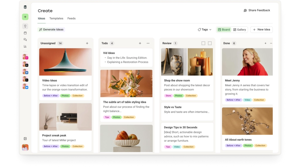 Espacio Crear de Postlane con vista de galería de ideas de contenido y tablero estilo kanban.