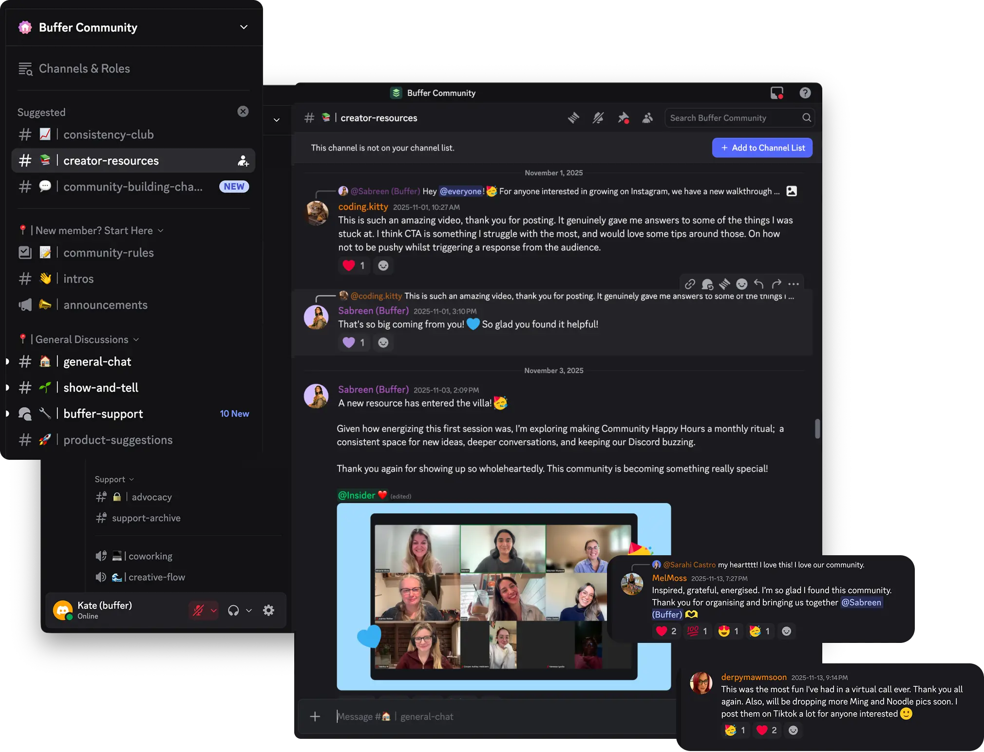 Discord de la comunidad de Postlane con canales de comunidad, conversaciones reales, show-and-tell y momentos en vivo.