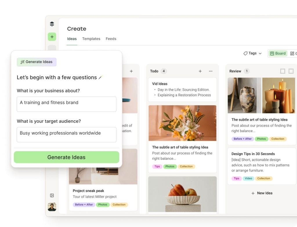 Espacio de Postlane Create con columnas y ordenación para ideas de contenido, incluyendo un AI Assistant para generar publicaciones y refinar contenido.
