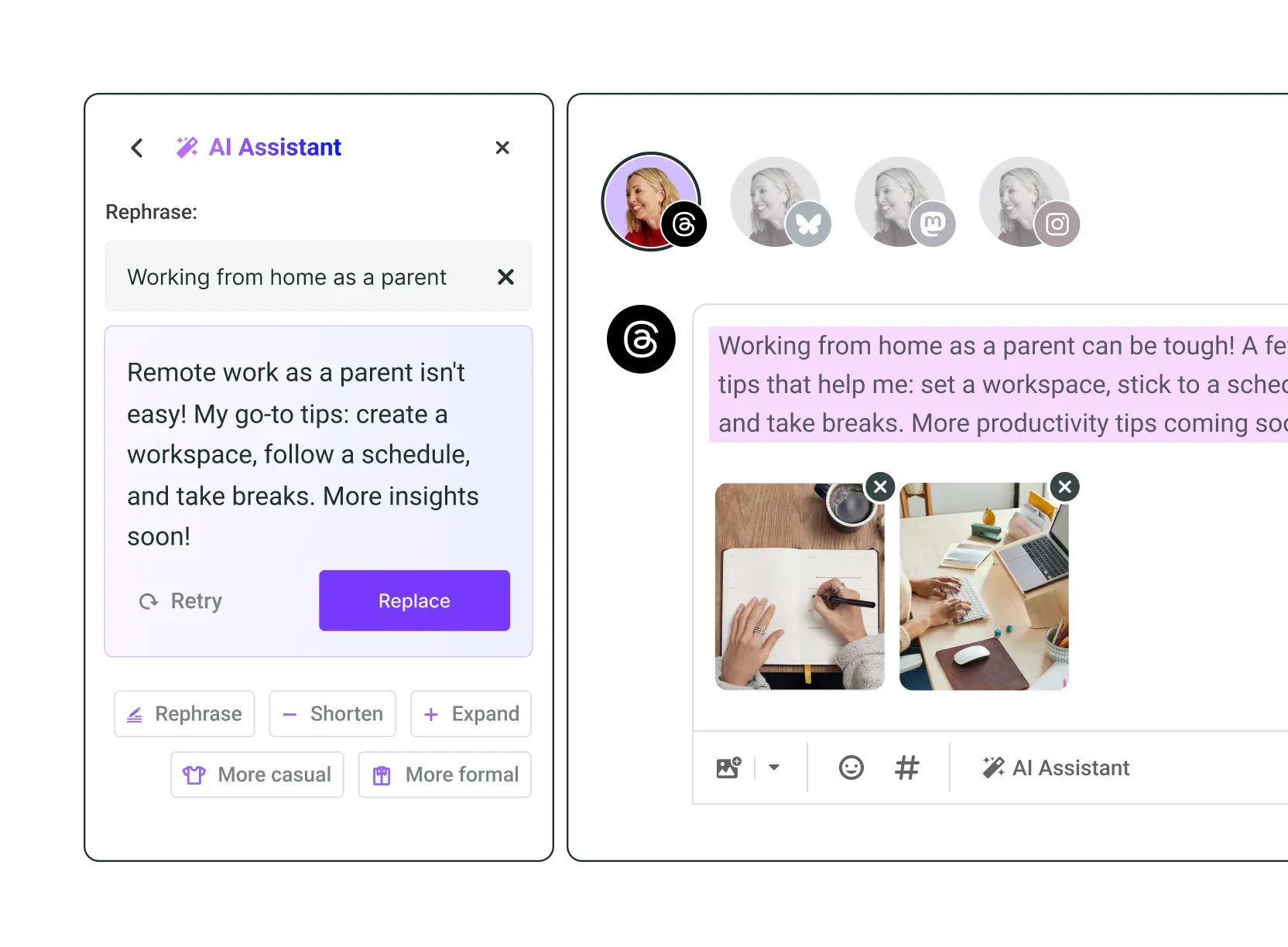 Generador de publicaciones para redes sociales de Postlane AI Assistant con opciones para generar, reformular, acortar, ampliar o ajustar con un tono más casual o más formal.