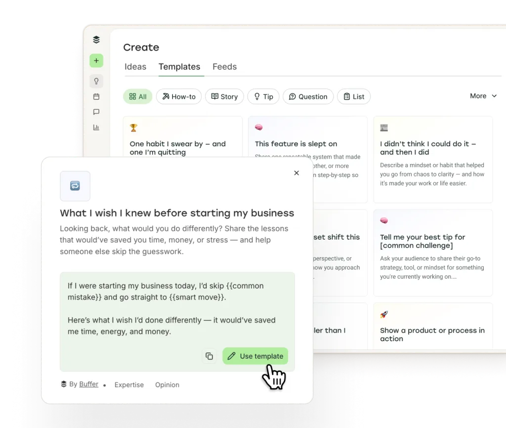 Plantillas de redes sociales de Postlane con categorías de consejo, historia, caso de estudio, pregunta, opinión, tutorial, lista, detrás de cámaras y más. Cada plantilla ofrece contenido inicial con marcadores para tus ideas.