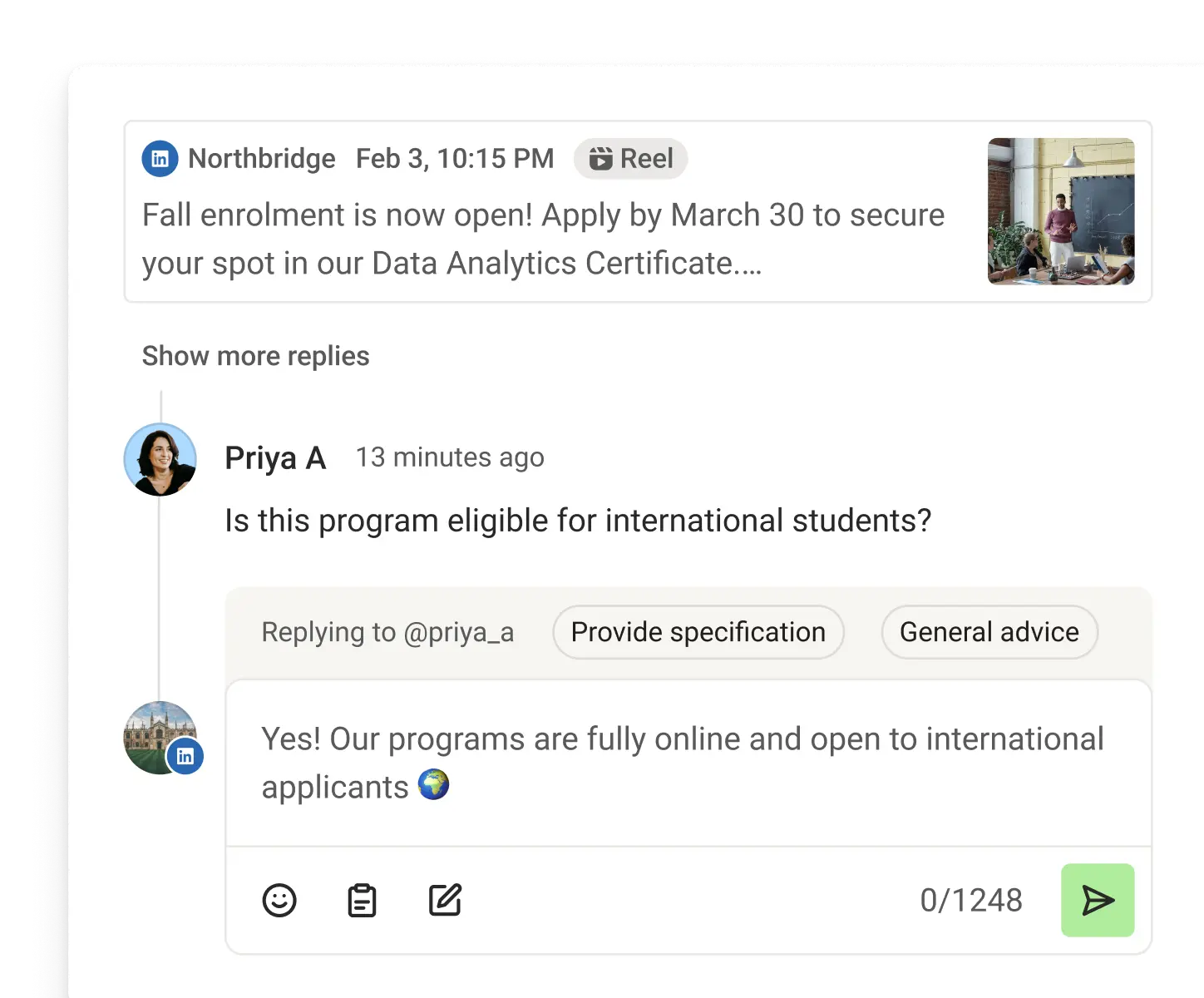 Vista de Comunidad de Postlane con comentarios recientes, respuestas sugeridas y métricas de puntuación de comentarios.