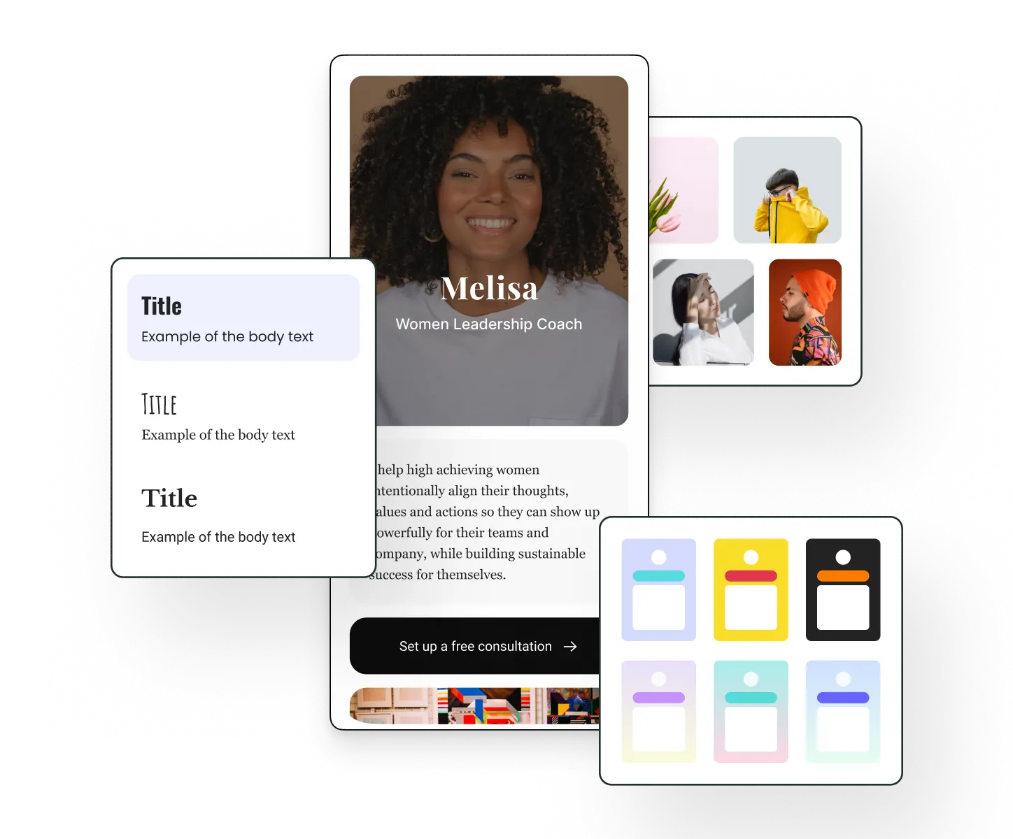 Editor de Postlane Start Page con texto, estilos tipográficos, temas de color de perfil y opciones de edición de cuadrícula de imágenes.