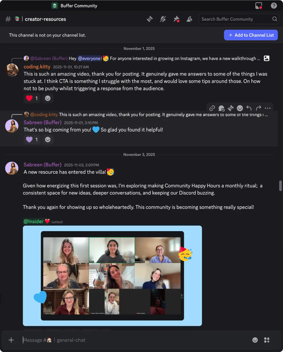 Discord de la comunidad de Postlane con conversaciones reales sobre feedback de contenido, sesiones en vivo y debates de apoyo.