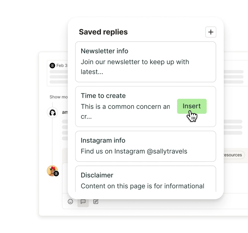 Respuestas guardadas de Postlane para insertar rápidamente respuestas comunes a comentarios.