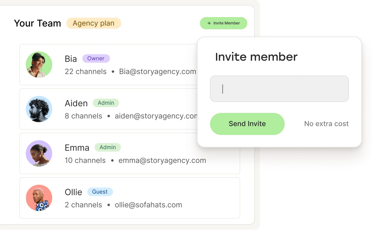 Invitando a un miembro del equipo en Postlane sin coste adicional.