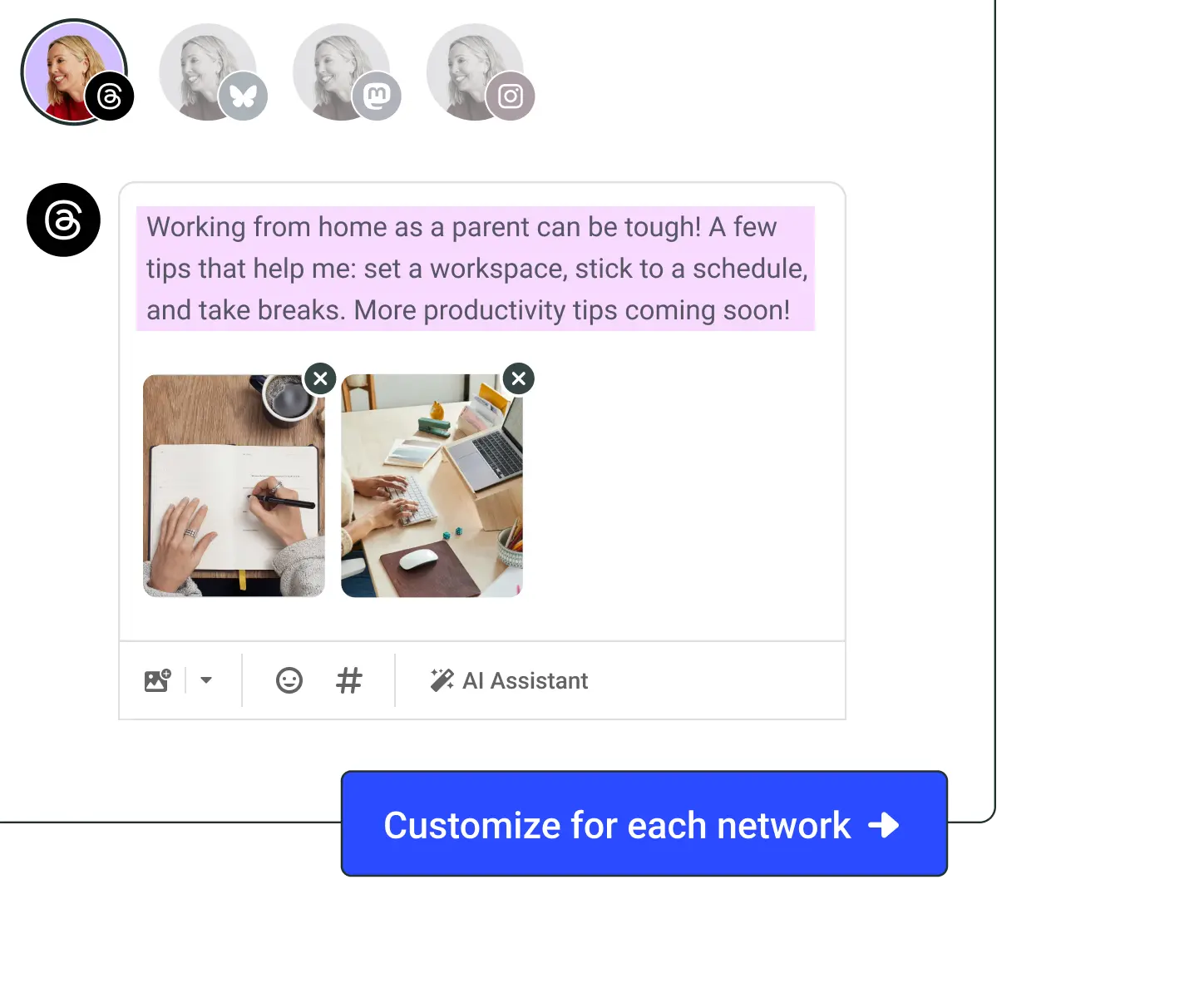 Compositor de publicaciones de Postlane con una opción de AI Assistant para personalizar la publicación para cada red social.