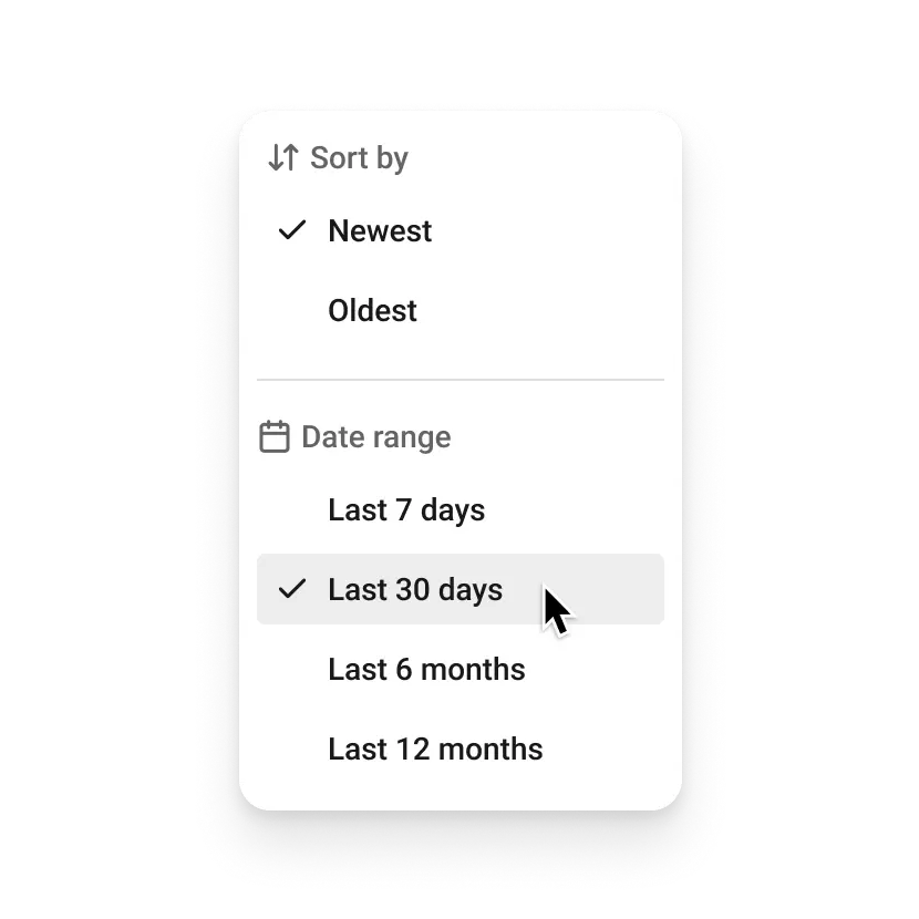 Menú de filtros y clasificación de comentarios de Postlane Community con opciones de ordenar por más nuevos y más antiguos y filtros por rango de fechas.