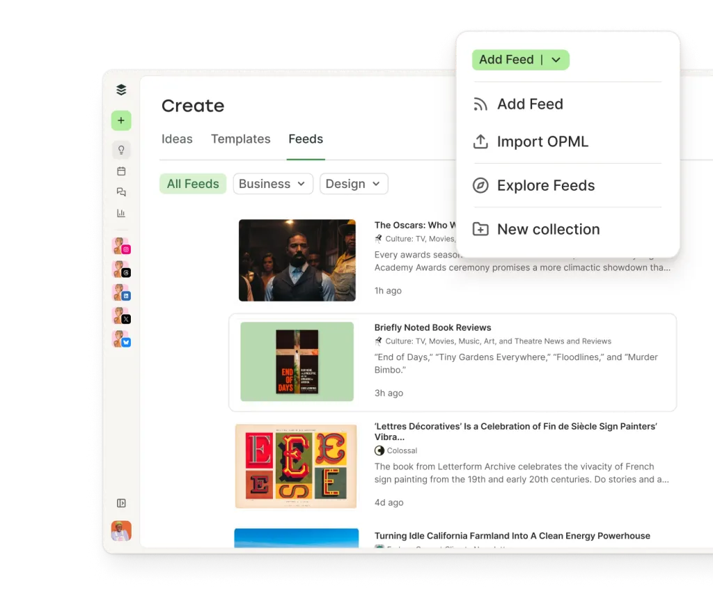 Vista de Crear en Postlane con edición de texto, opciones de carga de imágenes e integraciones de medios incluyendo suscripciones a feeds RSS.