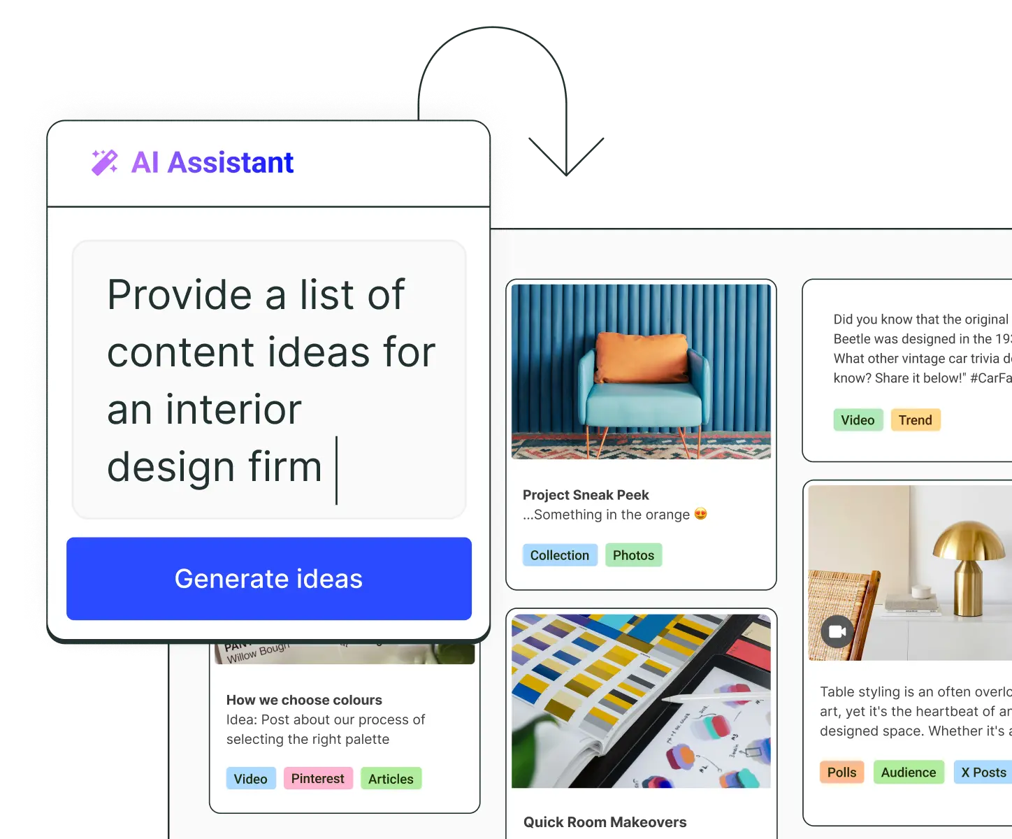 Tablero de ideas de Postlane con un AI Assistant para generar nuevas ideas de publicaciones.