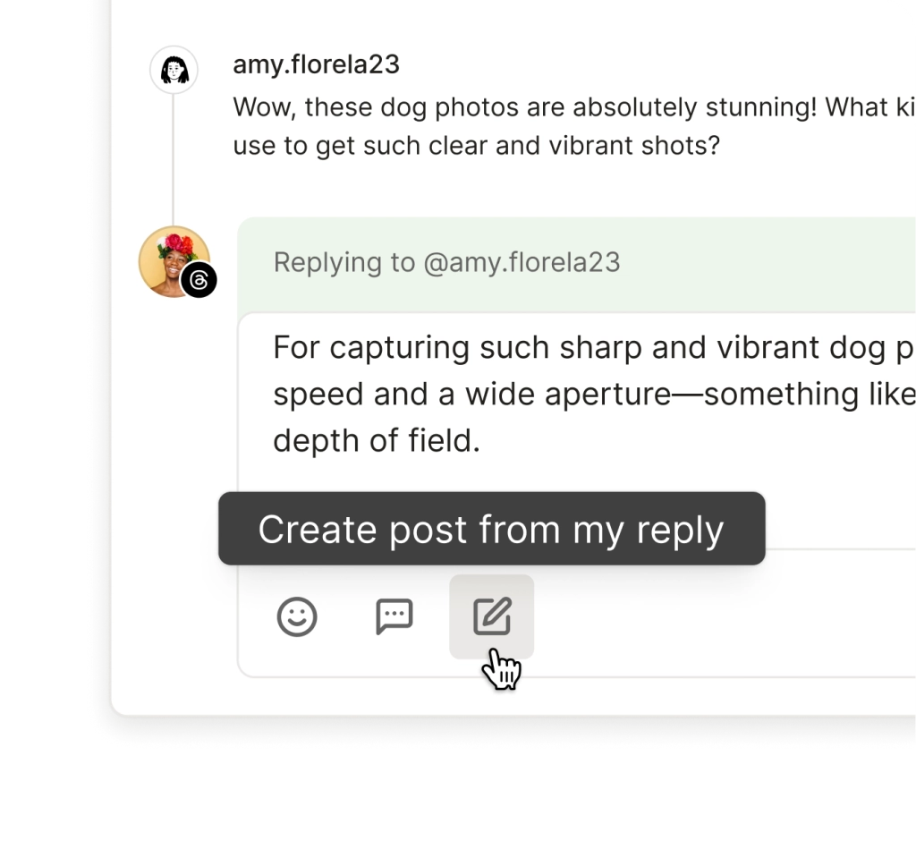 Postlane Community comment reply screen with create post from my reply option.