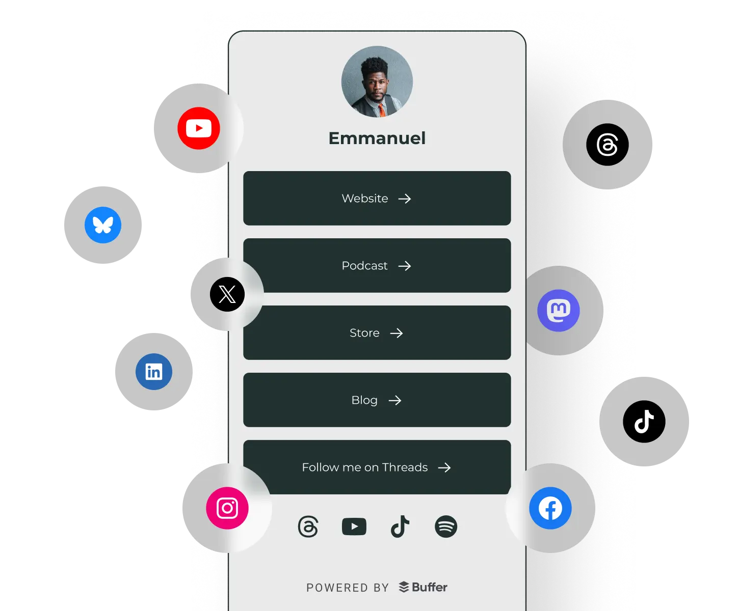 Perfil de Postlane Start Page con enlaces a un sitio web personal, un pódcast, una tienda, un blog y canales de redes sociales.