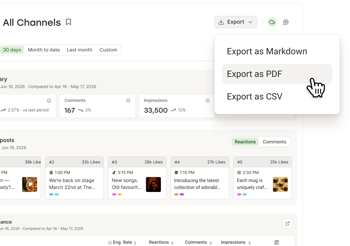 Exportando un informe de analíticas de Postlane como PDF.
