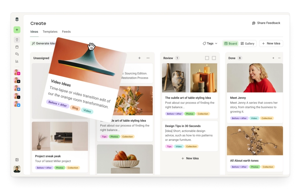 Espacio Crear de Postlane para organizar tus ideas de contenido con etiquetas en vista de tablero o galería y un asistente de IA para generar ideas de contenido.