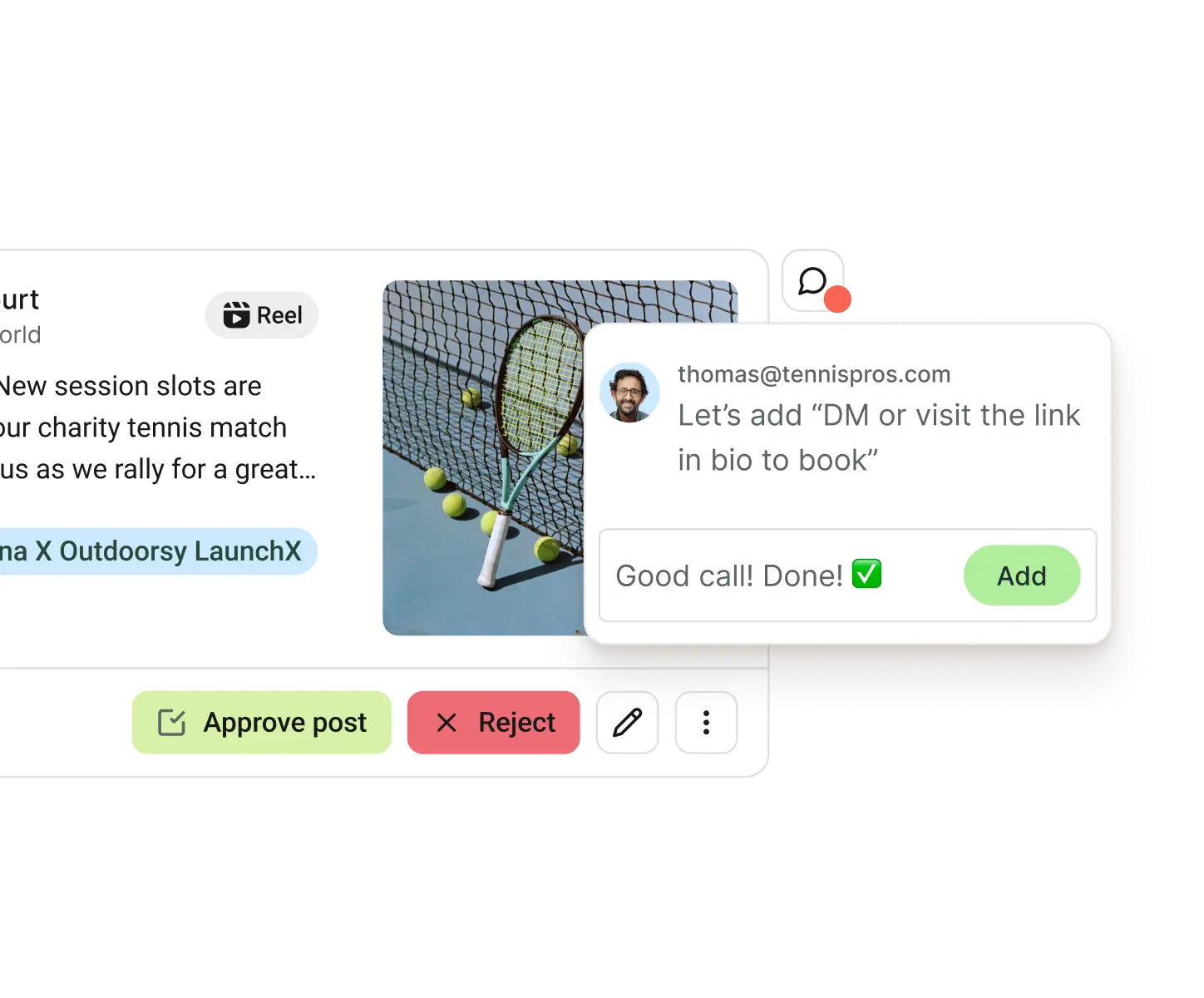 Vista de colaboración de Postlane con hilos de feedback para publicaciones y flujos de aprobación.
