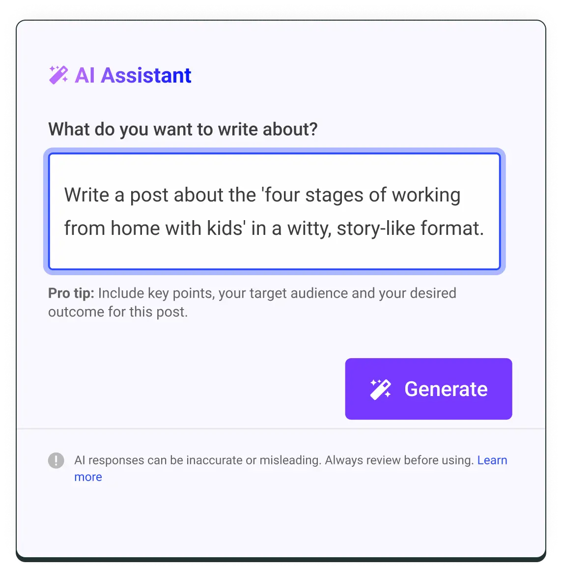 Generador de publicaciones para redes sociales de Postlane AI Assistant con un compositor de texto y consejos para los prompts.