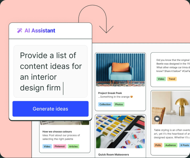 Tablero de ideas de Toddy con AI Assistant generando nuevas publicaciones