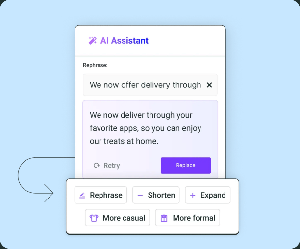 Generador de Toddy AI Assistant con opciones para reformular, acortar o ampliar